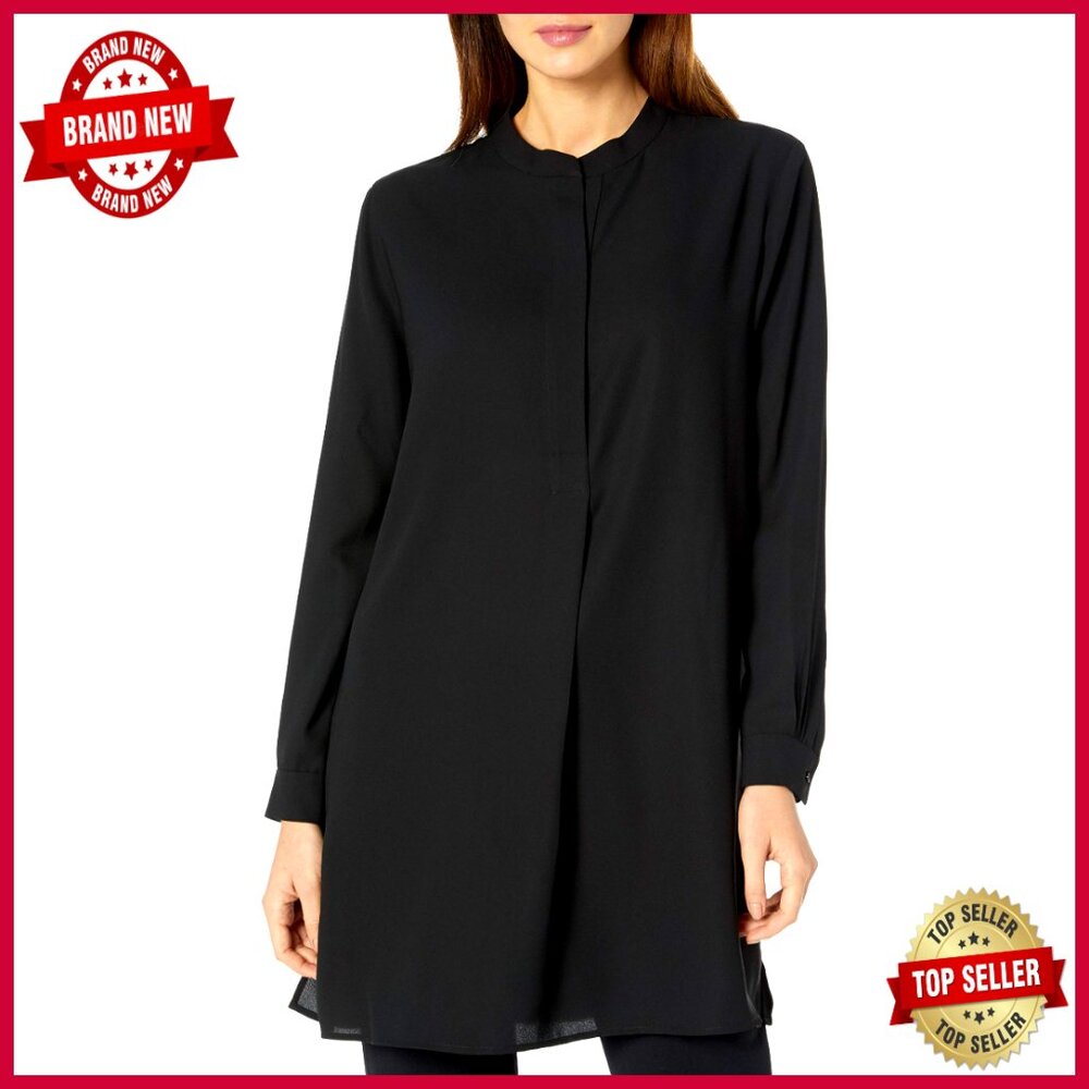 Long Sleeve Woven Tunic Blouse Elegant Minimal Chic Pull On Side Slits